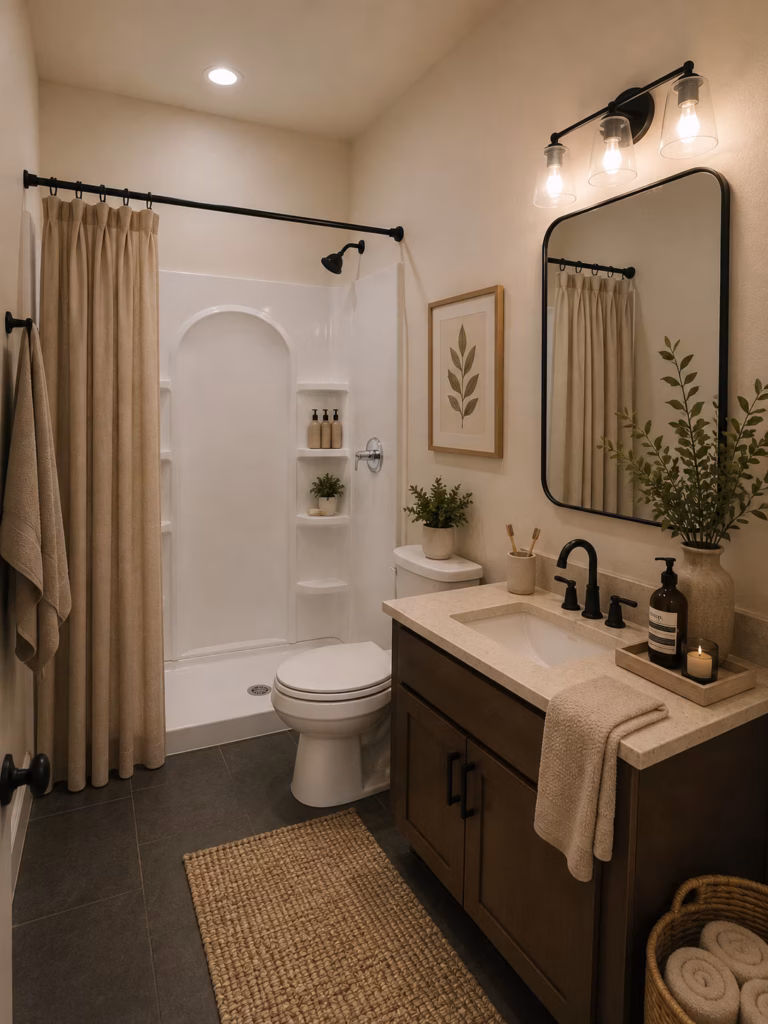 Warm, spa-like bathroom with a curtained tub, toilet, dark wood vanity, large mirror, greenery, and woven rug in soft lighting.