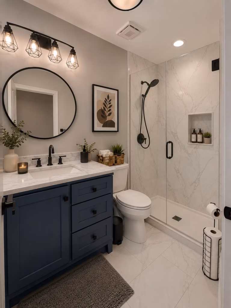 Modern bathroom with a navy vanity, round mirror, warm pendant lights, marble walk-in shower, toilet, and plants, creating a calm, inviting feel.