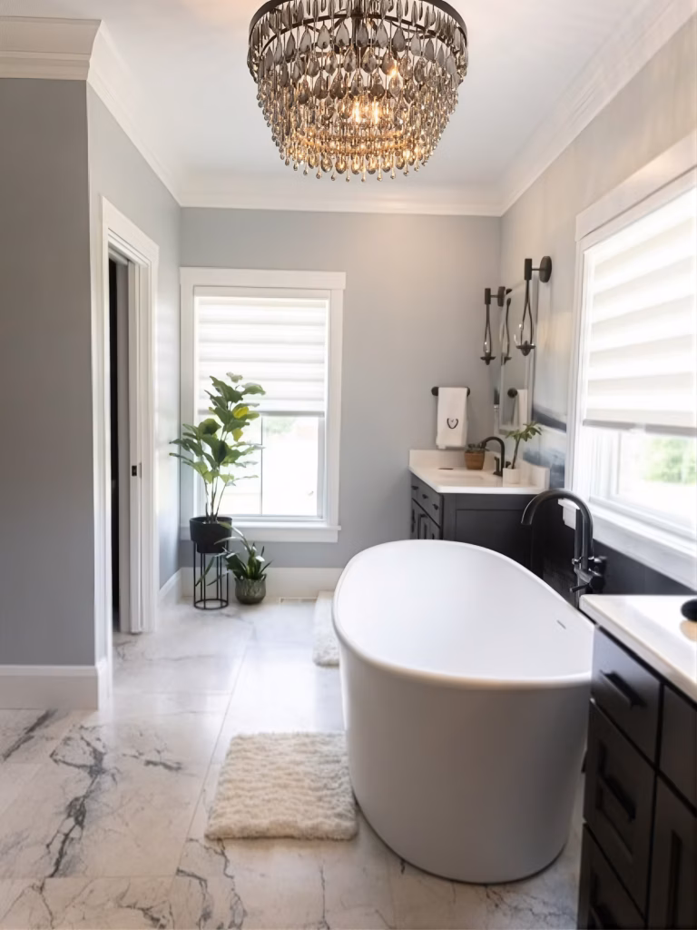 Bright, elegant bathroom with a freestanding white tub, crystal chandelier, gray walls, marble floor, plants, and abundant natural light.