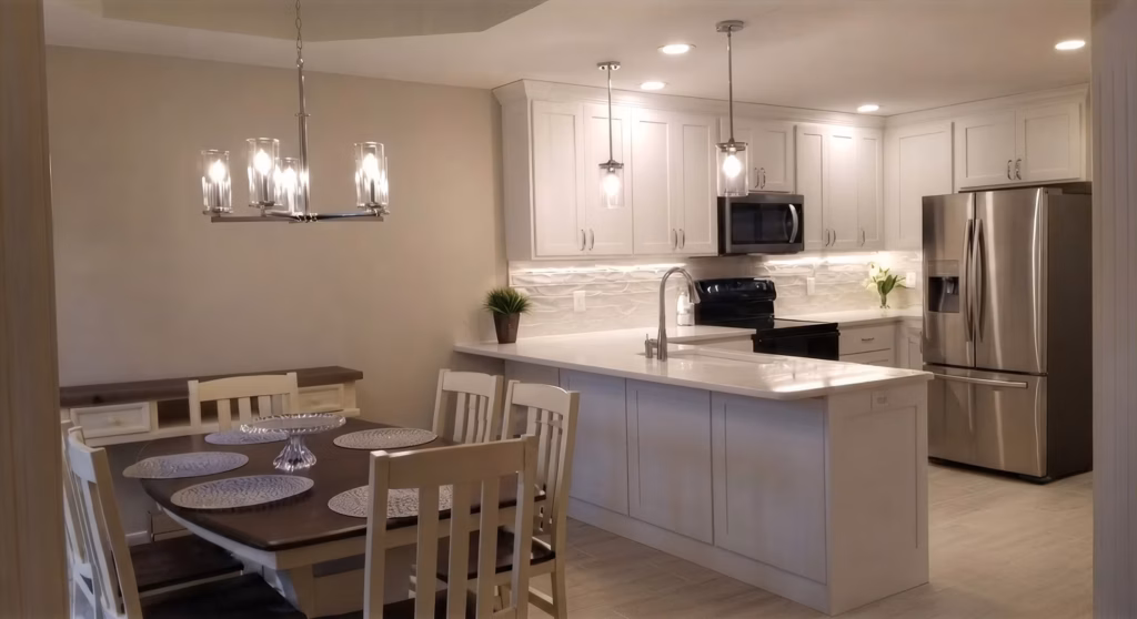 A warm, modern open-concept kitchen with white cabinets, stainless steel appliances, a marble island, and a set dining table under glowing pendant lights.