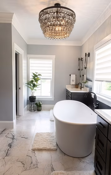 Bright, elegant bathroom with a freestanding white tub, crystal chandelier, gray walls, marble floor, plants, and abundant natural light.