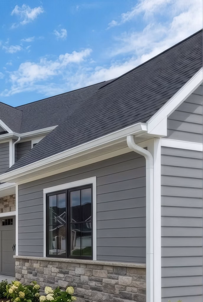 Gray house exterior with dark shingle roof, white trim, large windows, and a stone veneer foundation beneath a bright, partly cloudy sky; calm, welcoming mood.
