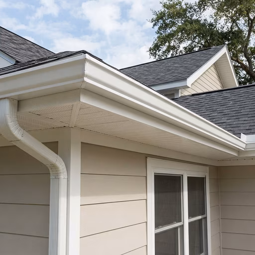 Close-up of a well-maintained home exterior with white gutters and downspout, cream siding, dark shingle roof, and screened windows beneath a bright sky.