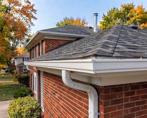 A red-brick house with dark gray shingle roofs, white gutters, and downspouts, framed by colorful autumn trees on a clear day; calm residential scene.