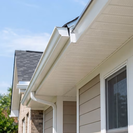 Close-up of clean white gutters, downspout, and vented soffit along a beige-sided home beneath a blue sky; the sunny scene feels neat and well maintained.